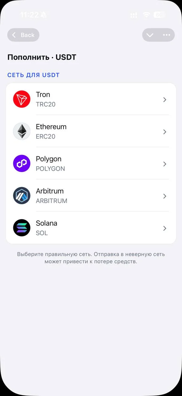 Выбор сети пополнения