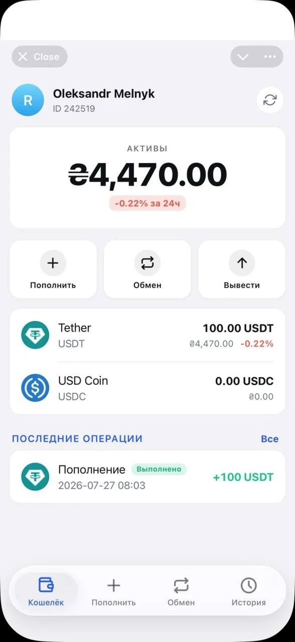 Главный экран Telegram Mini App кошелька