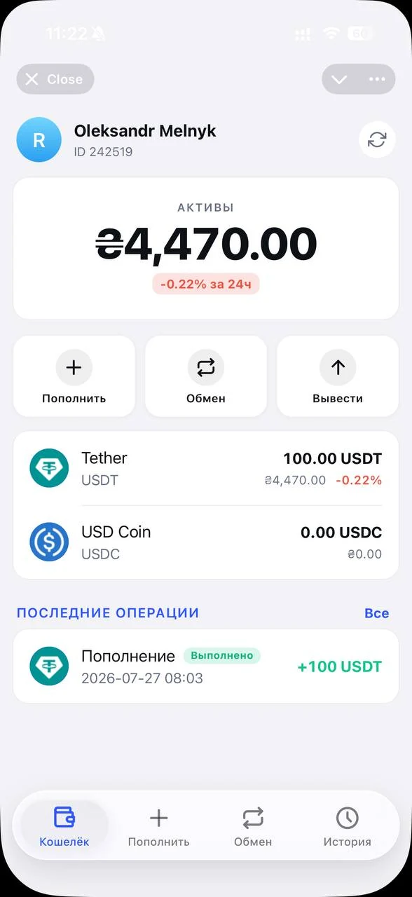 Экран кошелька PocketBank в Telegram